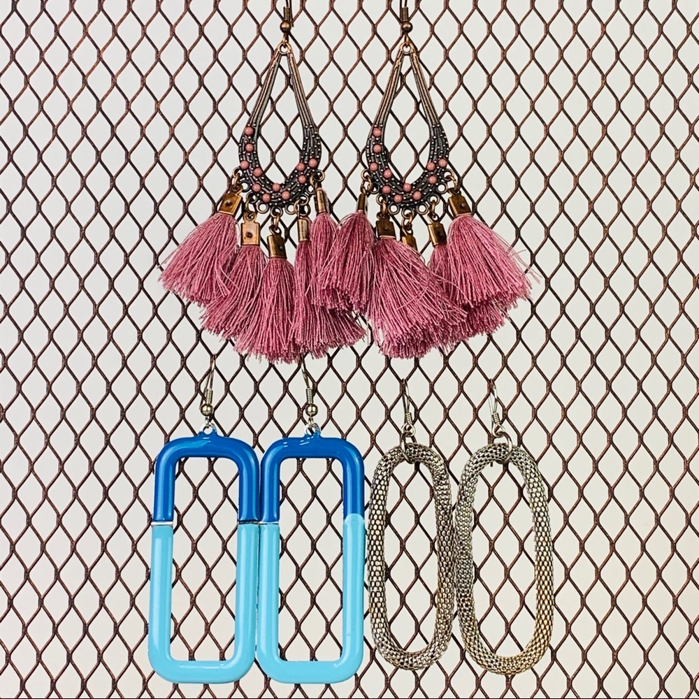 Blue Pink Mesh Geometric Retro Earrings Bundle